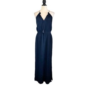 Madewell navy tassel tie maxi dress side slits stretch waist, size 00